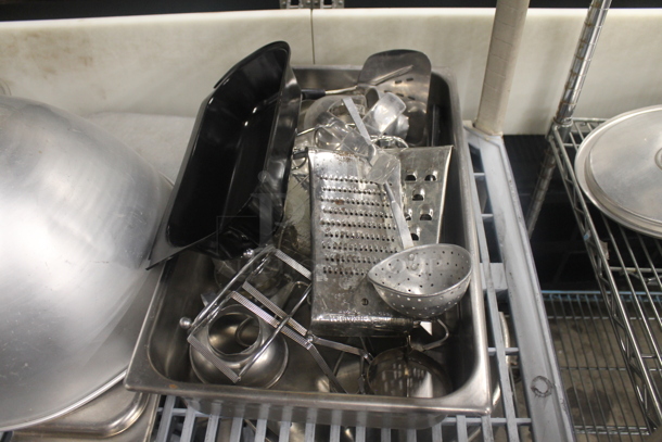 ALL ONE MONEY! Two Tier Lot of Various Metal Items Including Dough Hook Attachment for Mixer, Stock Pot and Utensils - Image 2 of 7