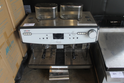 2018 Schaerer Barista Stainless Steel Commercial Countertop 2 Group Espresso Machine w/ 2 Portafilters, 2 Steam Wands and 2 Hoppers. 208 Volts, 1 Phase.