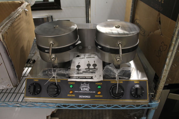 BRAND NEW SCRATCH AND DENT! 2023 Carnival King 382WSM22 Stainless Steel Commercial Countertop Double Waffle Maker. 120 Volts, 1 Phase. Tested and Working! - Image 1 of 5