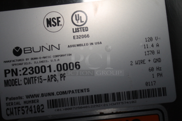 2017 Bunn CWTF15-APS Stainless Steel Commercial Countertop Coffee Machine w/ Hot Water Dispenser and Metal Coffee Pot. 120 Volts, 1 Phase.  - Image 4 of 4