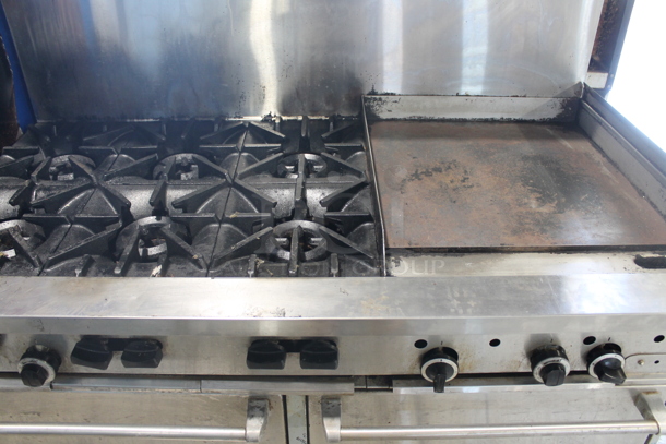Garland SunFire Stainless Steel Commercial Natural Gas Powered 6 Burner Range w/ Right Side Flat Top Griddle, 2 Ovens, Over Shelf and Back Splash.  - Image 3 of 9