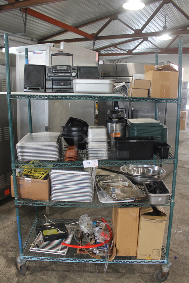 ALL ONE MONEY! Metro Lot of Various Items Including Metal Half Size Baking Pans, Stainless Steel Drop In Bins, Poly Trays. Does Not Include Shelving Unit. - Image 1 of 11