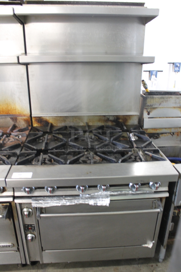 Jade Range JTHR-6-36C Stainless Steel Commercial Natural Gas Powered 6 Burner Range w/ Convection Oven, 2 Tier Over Shelf and Back Splash on Commercial Casters. 35,000 BtU. - Image 1 of 7