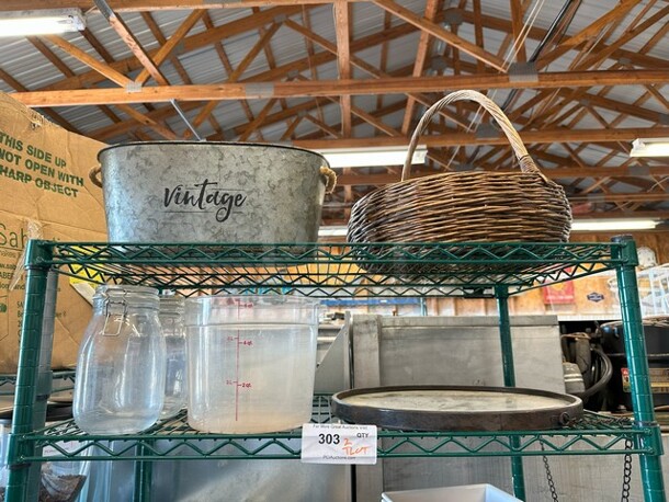 ALL ONE MONEY! Two Tier Lot of Various Items Including Basket and Metal Bin - Image 1 of 5