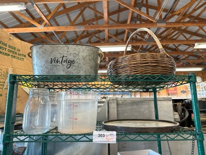 ALL ONE MONEY! Two Tier Lot of Various Items Including Basket and Metal Bin