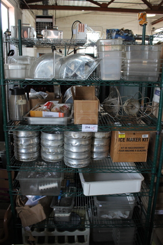 ALL ONE MONEY! Metro Lot of Various Items Including Round Metal Baking Pans, Poly Bins and Dough Bin. Does Not Include Shelving Unit. 