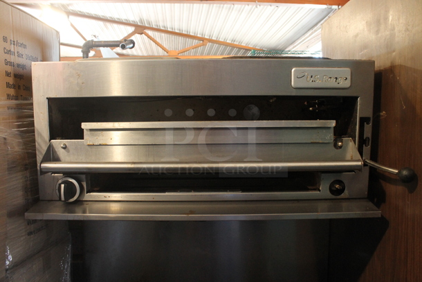 US Range Stainless Steel Commercial Natural Gas Powered 6 Burner Range w/ Salamander Cheese Melter, Oven and Back Splash.  - Image 3 of 5