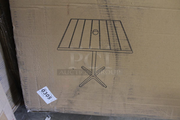 BRAND NEW SCRATCH AND DENT! Lancaster Table & Seating 427CAU3232OR 32" x 32" Orange Powder Coated Aluminum Dining Height Outdoor Table with Umbrella Hole. Stock Picture Used as Gallery Picture. - Image 3 of 5