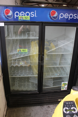 True GDM-49 Metal Commercial 2 Door Reach In Cooler Merchandiser w/ Poly Coated Racks and Drink Sliders. 115 Volts, 1 Phase. Tested and Working!