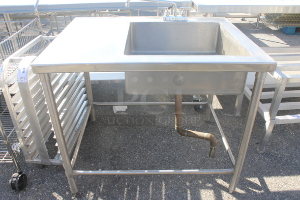 Commercial Stainless Steel One Bay Sink With Left Side Drain Board And Faucet on Galvanized Legs.