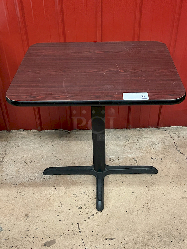 HIGH END! Lancaster Table & Seating Standard Height Table with 36" x 36" Reversible Cherry / Black Table Top and Round Cast Iron Base Plate - Seats 2 - 4 Chairs.  - Image 1 of 6