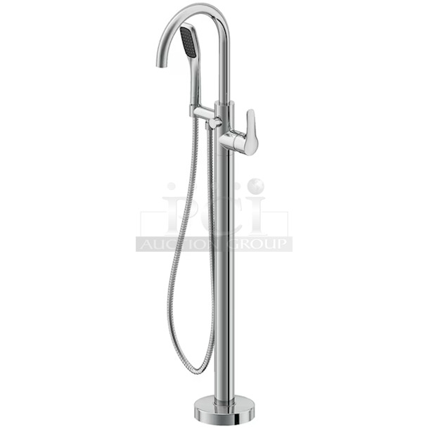 JACUZZI® NW50827 ROUND FREESTANDING TUB FILLER, 43.38 High Floor-Mounted For A Distinguished Freestanding Look. Constructed Of Solid Brass With Chrome Finish. Includes Ceramic Cartridge. 12.13