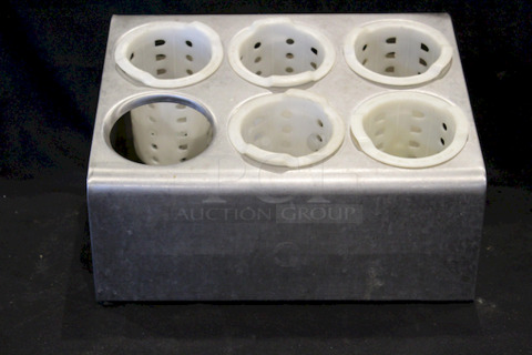 Six Hole Stainless Steel Flatware Organizer with Gray Perforated Plastic Cylinders. 
14-1/4x11-3/4x8-1/2