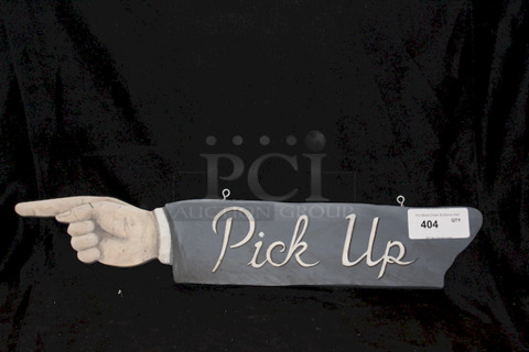 ORNATE! Wood "Pick Up" Sign, Carved To Resemble Arm Pointing to The Left, Eyebolt To Allow For Easy Mounting/Hanging
31-3/4x6