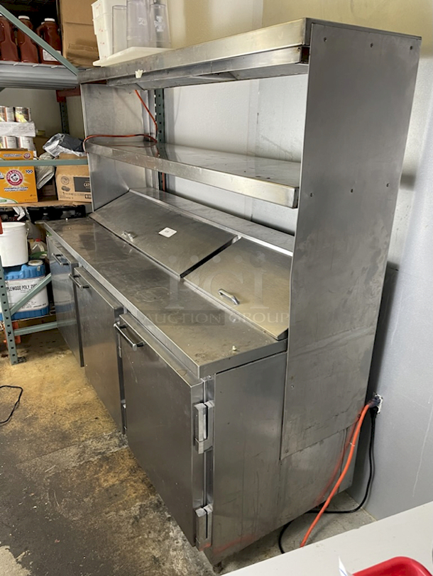OUTSTANDING! Beverage-AIR SUR72/18 72" Sandwich/Salad Prep Table w/ Refrigerated Base, Over-Shelf With Electric Food Warmer, 3 Doors and (2) Separate Covers - Holds Up To 18 1/6 Pans. IN WORKING ORDER! 120v 72 in. W x 32 in. D x 70 in. H - Image 3 of 7