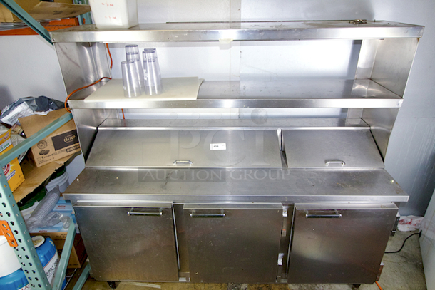 OUTSTANDING! Beverage-AIR SUR72/18 72" Sandwich/Salad Prep Table w/ Refrigerated Base, Over-Shelf With Electric Food Warmer, 3 Doors and (2) Separate Covers - Holds Up To 18 1/6 Pans. IN WORKING ORDER! 120v 72 in. W x 32 in. D x 70 in. H - Image 7 of 7