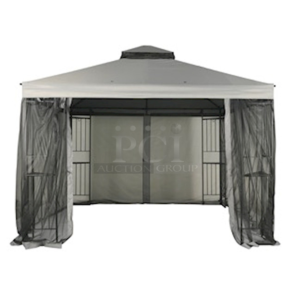 BEAUTIFUL! Mainstays 10ft x 10ft Wide Easy Assembly Outdoor Furniture Patio Gazebo. Includes: Fade-resistant fabric, Mosquito netting, Heavy-duty powder-coated steel frame, Spiral ground stakes, Deck-mount optional
120" X 120" X 111.8" - Image 5 of 6