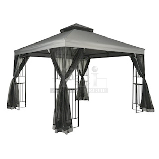 BEAUTIFUL! Mainstays 10ft x 10ft Wide Easy Assembly Outdoor Furniture Patio Gazebo. Includes: Fade-resistant fabric, Mosquito netting, Heavy-duty powder-coated steel frame, Spiral ground stakes, Deck-mount optional
120" X 120" X 111.8" - Image 6 of 6