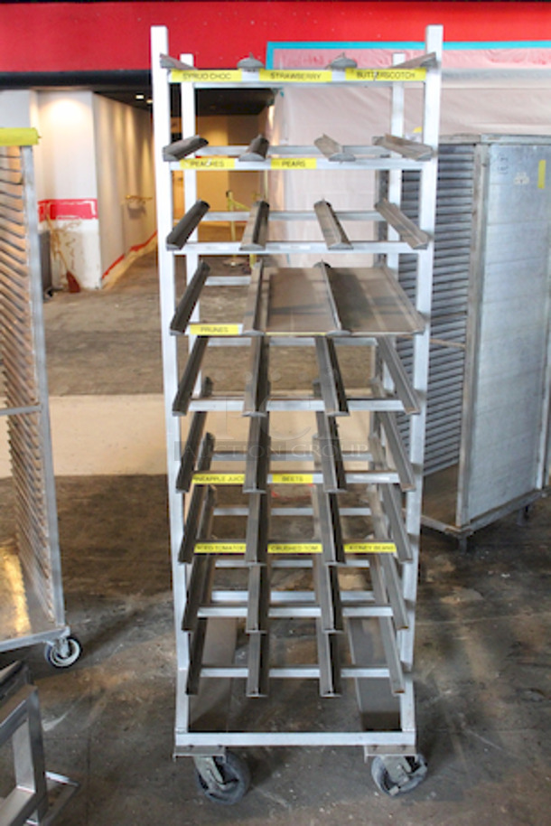 AMAZING! Full Size Mobile Aluminum Can Rack for #10 and #5 Cans; Capacity: #10 Cans = 162 /#5 = 216 Cans; On Commercial Casters. 25x35x77