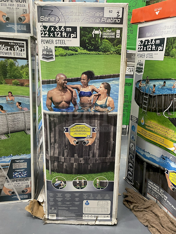 (3) Bestway Power Steel 22’ x 12’ x 48’’ Above Ground Oval Pool Set. Includes: 1,500 gallon Sand Filter Pump, Chemical Dispenser & Solar Water Heater. 3x Your Bid