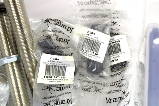 NEW-NEVER USED Box Of Kegerator & Brewery Hardware: (6) Foxx Equipment Co 12BO3116 ABECO 5/8" BSP Beer Thread” ¼” x 8-1/2” Chrome Plated Brass Shanks, (4) Hex “Beer” Nuts - 29/32"-14 Beer Thread, (4) Taps, (10) Tap Brushes, (3) Krome Dispense C184 Standard Faucet Plastic Knob W/ Brass Insert, GreenLeaf CBSHM5160BG1 5/16” Nylon  Hose Barb x 5/16 Hose Barb - Image 7 of 10