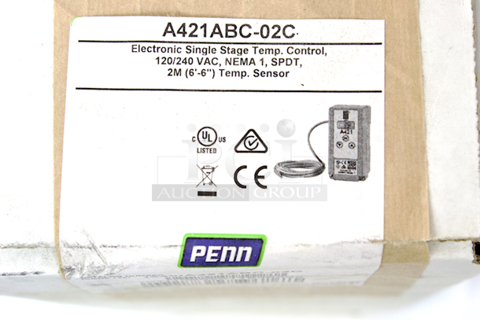 NEW-NEVER USED PENN Johnson Controls A421ABC-02C Line-Voltage Type 1 Temperature Control, 120/240 VAC, NEMA 1, SPDT, 2M (6’-6”) Temp. Sensor