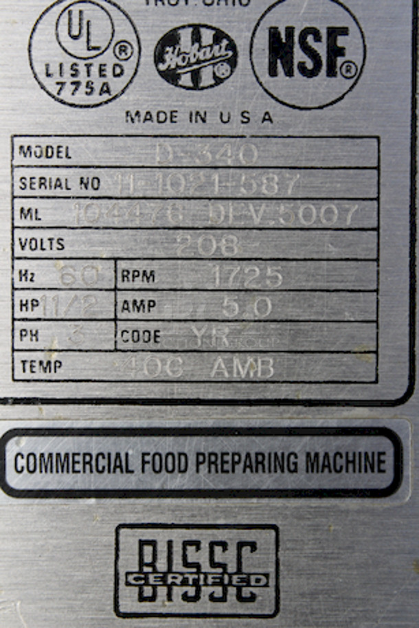 AMAZING! Hobart Model D340 40 Quart Mixer With 15 Min timer, Push Button on/off switches, 208v/3ph/60hz/1.5hp/5amp 575 lbs, Includes: SS Bowl, (2) Flat beaters &  Dough hook - 22 1/4" W x 30 1/4" D x 50 7/8" H - Image 7 of 8