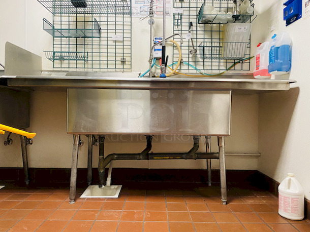 BEAUTIFUL!! Duke Manufacturing SDTS-2116-32-18C 83" Stainless Steel Three Compartment Sink.                  .Condition: 9/10                      . Unit comes With Double Drainboards and Pre-Rinse Unit with Add a Faucet.                          . Sink bowls are 16x21x14 Inches Deep and Drainboards 18 inches wide.                                . 83x27x44 - Image 2 of 6