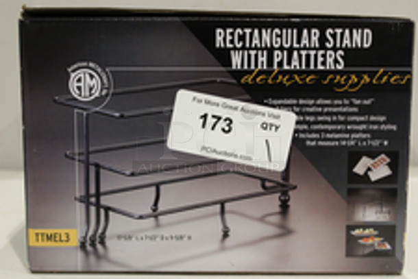 NEW, NEVER USED! American Metalcraft TTMEL3 Ironworks Three-Tier Foldable Rectangular Display Stand With Melamine Platters. This Set Comes With (3) 14 1/4" X 7 1/2" Melamine Platters That Perfectly Nest In The Wrought Iron Stand, Each Of The 3 Legs Can Fan Out To Any Width You Choose.  - Image 4 of 5