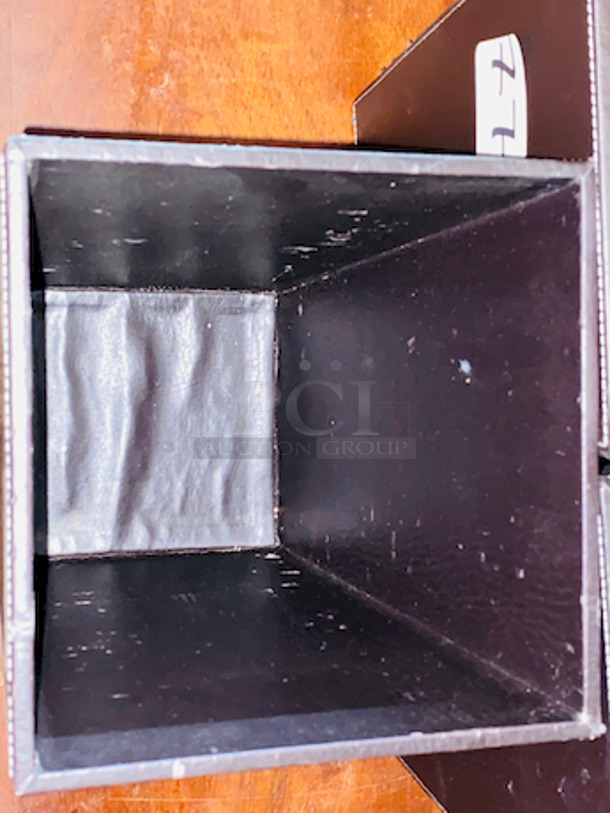 Huge Lot of 13 Decorative Faux Leather Waste Receptacles + Wood Stand on Commercial Casters.  - Image 4 of 4