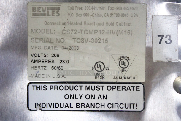 Bevles CS72-TCMP12-HV(M16) Tender Touch Classic Pass-Thru Roast And Hold. On Commercial Casters - Image 4 of 11