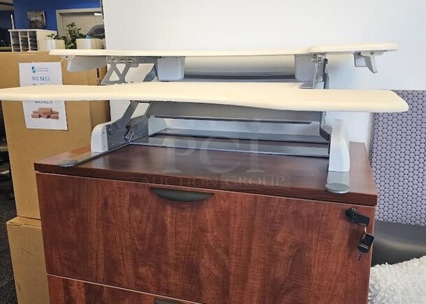 1 VariDesk Pro Plus 36 adjustable height/ sit- stand desk. Is in great condition with minor signs of use. Turn any surface into a workspace instantly! It is off white and silver metal in color and measures 4.5” to 17.5” H x 36” W. 

 - Image 2 of 3