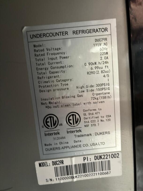 Brand New Scratch & Dent Dukers DUC29R 36" Rear Mounted Self-Contained Refrigeration Digital Temperature Control Undercounter Refrigerator
 - Image 4 of 6