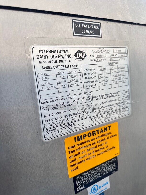 Duke Electro Freeze RMT-232 Soft Serve Ice Cream Machine 220 Volt 3 Phase Working Complete  - Image 8 of 9