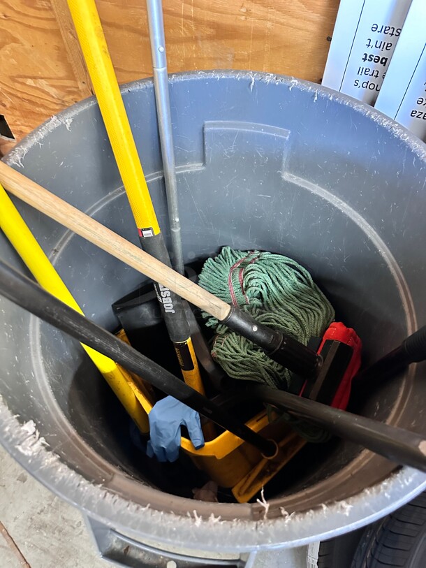 One Lot Gray Trash Container with Cleaning Supplies  - Image 2 of 5