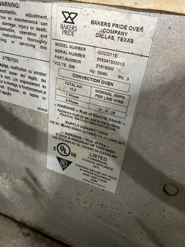 Bakers Pride Commercial Electric Powered Single Deck Convection Oven! With View Through Doors! Metal Oven Racks! All Stainless Steel! On Legs! Model: GDCO11E SN: 555341303013 208V 60HZ 3 Phase - Image 7 of 8