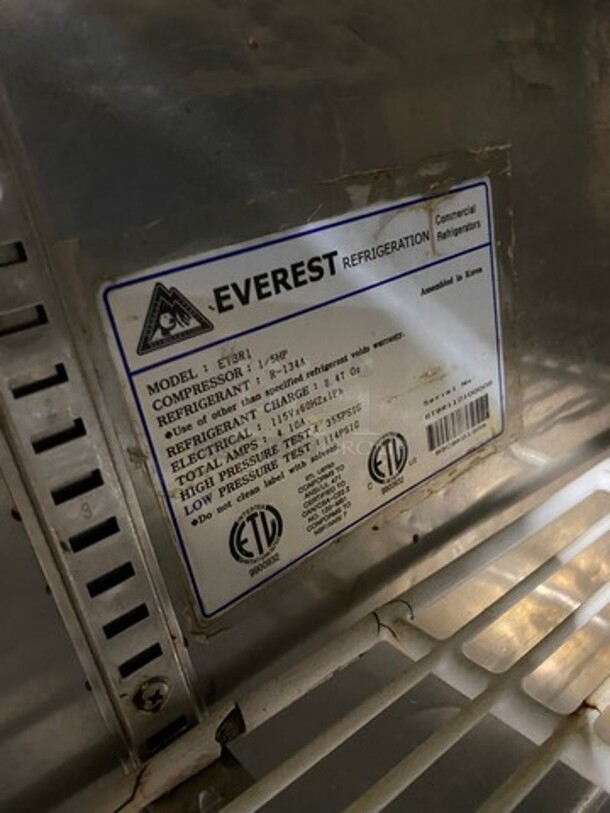 Everest Commercial Single Door Lowboy/ Worktop Cooler! All Stainless Steel! Model: ETBR1 SN: BTBR112100008 115V 60HZ 1 Phase - Image 7 of 8