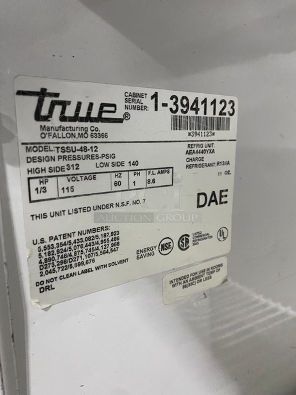True Commercial Refrigerated Sandwich Prep Table! With Commercial Cutting Board! With 2 Door Underneath Storage Space! Poly Coated Racks! All Stainless Steel! On Casters! Model: TSSU4812 SN: 13941123 115V 60HZ 1 Phase - Image 9 of 10