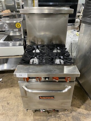 Nice! LATE MODEL! Sierra Commercial Natural Gas Powered 4 Burner Stove! With Raised Back Splash And Salamander Shelf! With Oven Underneath! All Stainless Steel! On Legs!