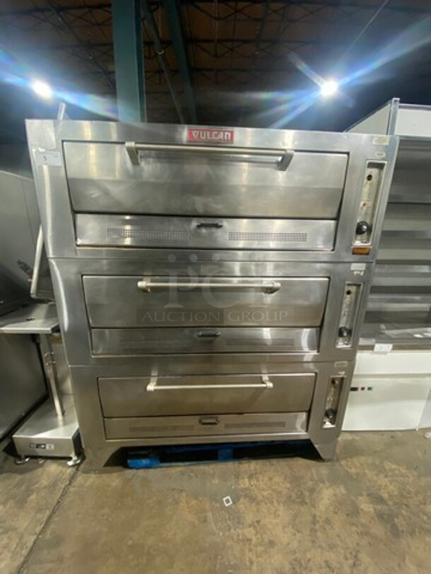 Vulcan Commercial Natural Gas Powered Triple Deck Baking Oven! All Stainless Steel! On Legs! 3x Your Bid Makes One Unit! WORKING WHEN REMOVED! Model: 7018A1 - Image 1 of 11