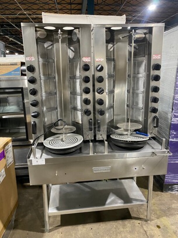 Attias Natural Gas Powered Dual Gyro Machine! On Equipment Stand! With Storage Space Underneath! All Stainless Steel! On Legs! - Image 1 of 12