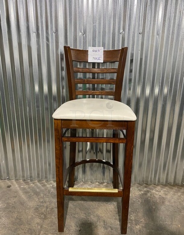 WOW! New! Solid Beech Cherry Wood Cross Back Commercial Bar Stool! With White Vinyl Seat! 3x Your Bid!