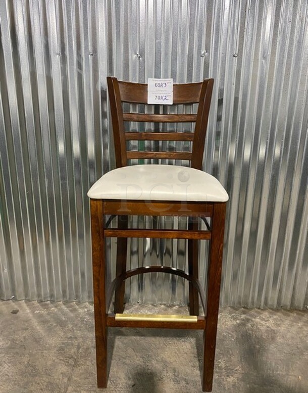 WOW! New! Solid Beech Cherry Wood Cross Back Commercial Bar Stool! With White Vinyl Seat! 3x Your Bid! - Image 1 of 7