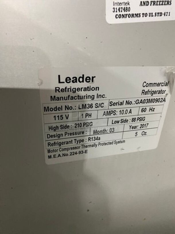 LATE MODEL! 2017 Leader Commercial Refrigerated Sandwich Prep Table! With 2 Door Underneath Storage Space! With Commercial Cutting Board! All Stainless Steel! On Casters! Model: LM36 SN: GA03M0902A 115V 60HZ 1 Phase - Image 7 of 9