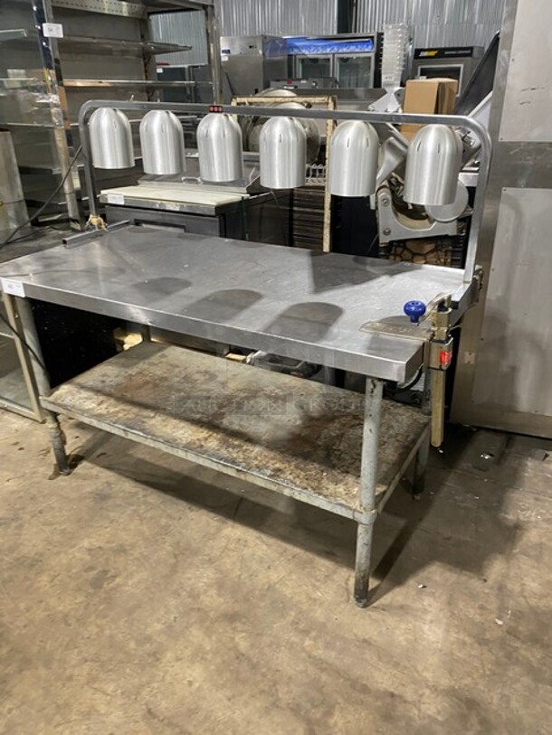 AMAZING! All Stainless Steel Commercial Work/Prep Table! With 6 Food Warming Lamps Underneath! With Can Opener Attachment! With Underneath Storage Space! On Legs! - Image 9 of 9