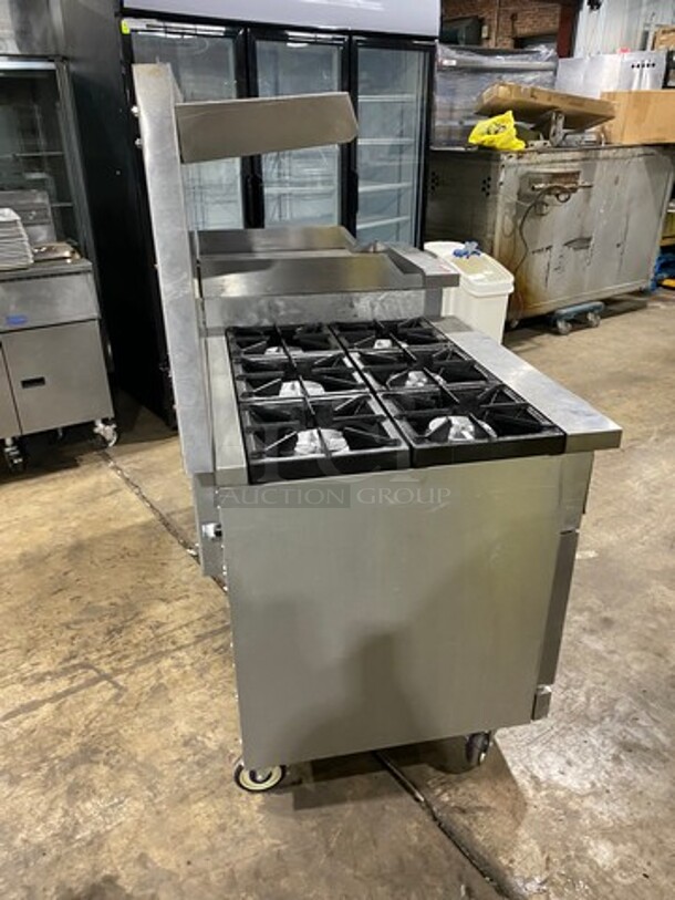 FAB! CPG Commercial Natural Gas Powered 6 Burner Stove With Right Side Flat Griddle And Cheese Melter Combo! Griddle Has Side Splashes! With Raised Back Splash And Salamander Shelf! With 2 Oven Underneath! Metal Oven Racks! All Stainless Steel! On Casters! SN: 01210402 - Image 4 of 12