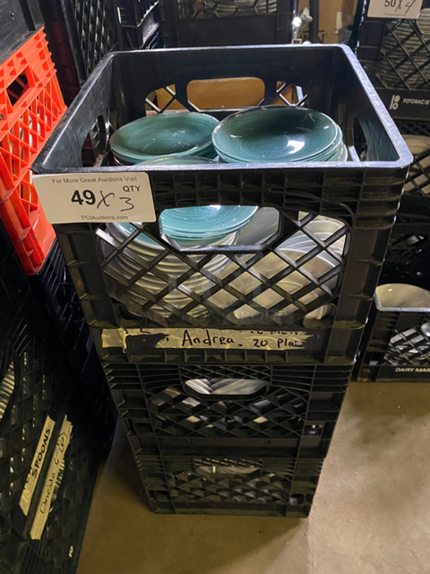 MISCELLANEOUS! Assorted Size And Style Dishware! Includes Black Poly Crates! 3x Your Bid!