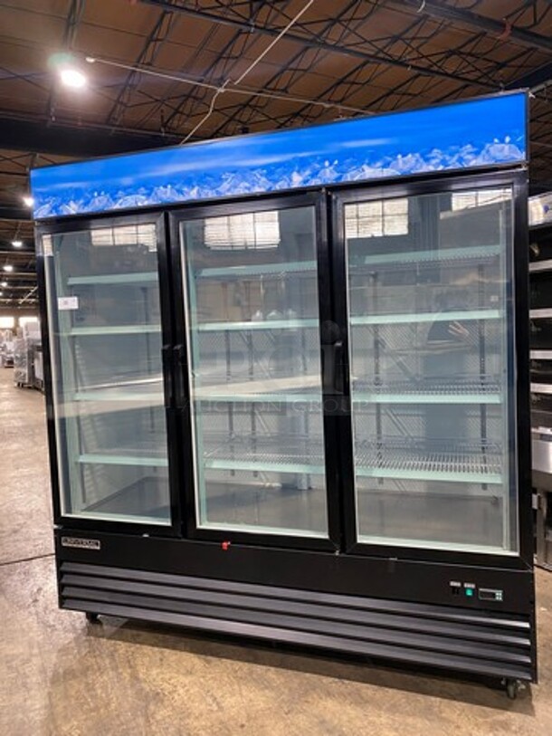 COOL! Universal Coolers Commercial 3 Door Reach In Cooler Merchandiser! With View Through Doors! With Poly Racks! On Casters!