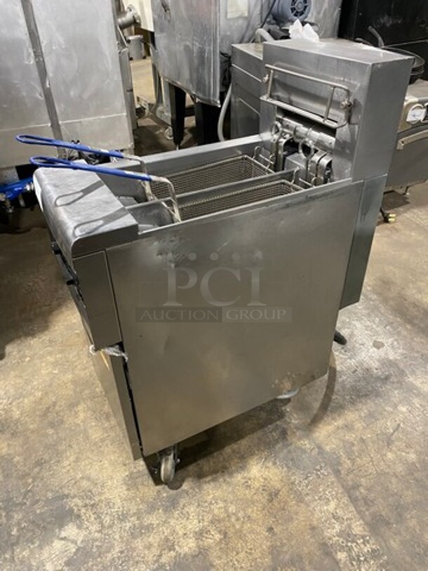 Frymaster Commercial Electric Powered Split Bay Deep Fat Fryer! With Metal Frying Baskets! All Stainless Steel! On Casters! Model: RE1142SE SN: 1508NA0057! 208V 60HZ 3 Phase! Working When Removed! - Image 2 of 11