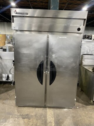Victory VR-2 Stainless Steel Commercial 2 Door Reach In Cooler w/ Poly Coated Racks on Commercial Legs. 115 Volts, 1 Phase. 